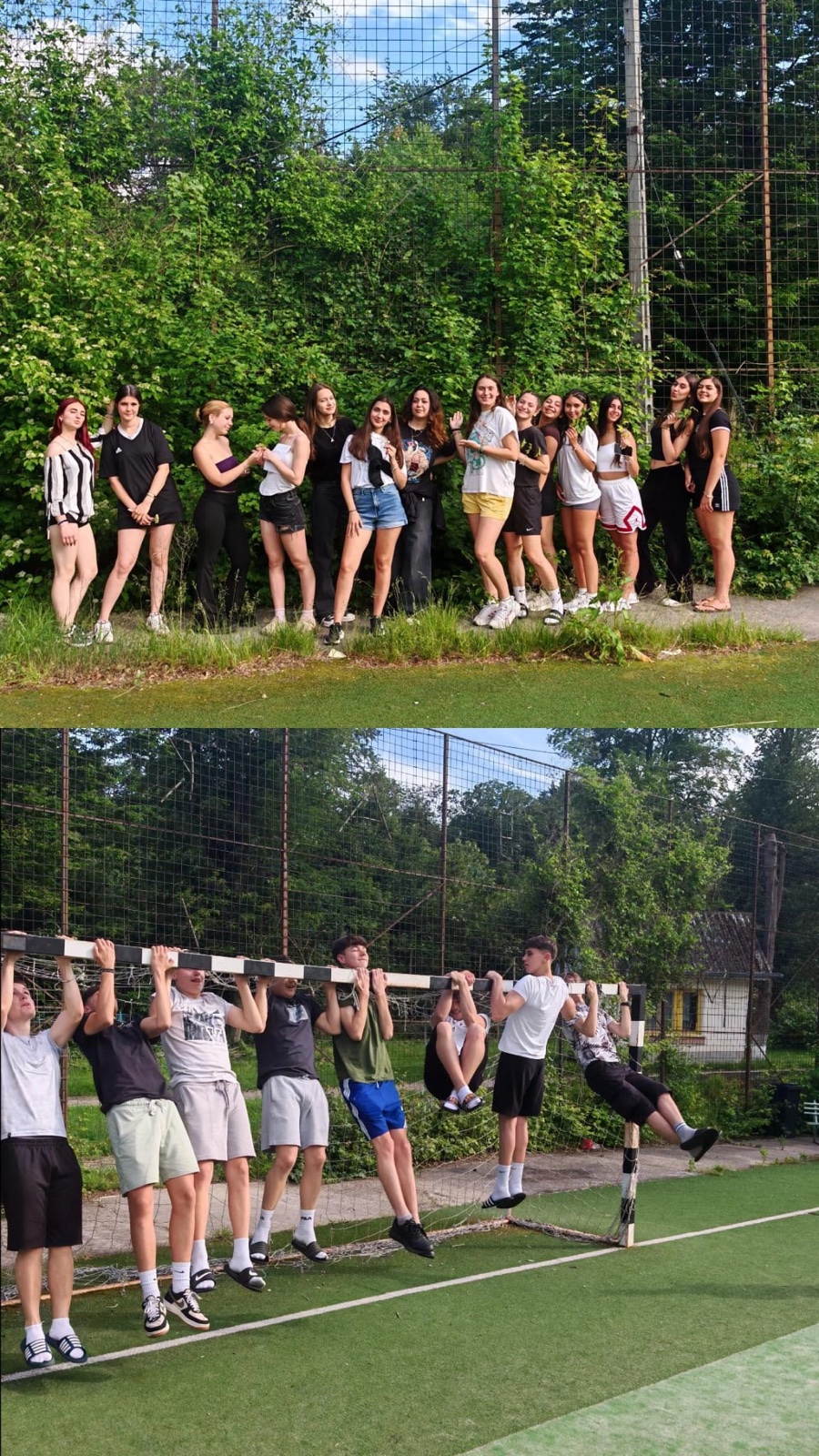 Tournament day: girls line up while boys hang from the football goal