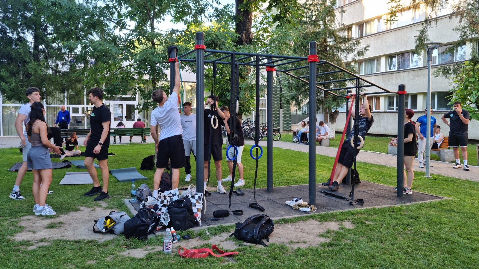 The group trains on the outdoor calisthenics rig with Streetworkout Iași — pull-ups, rings and resistance bands