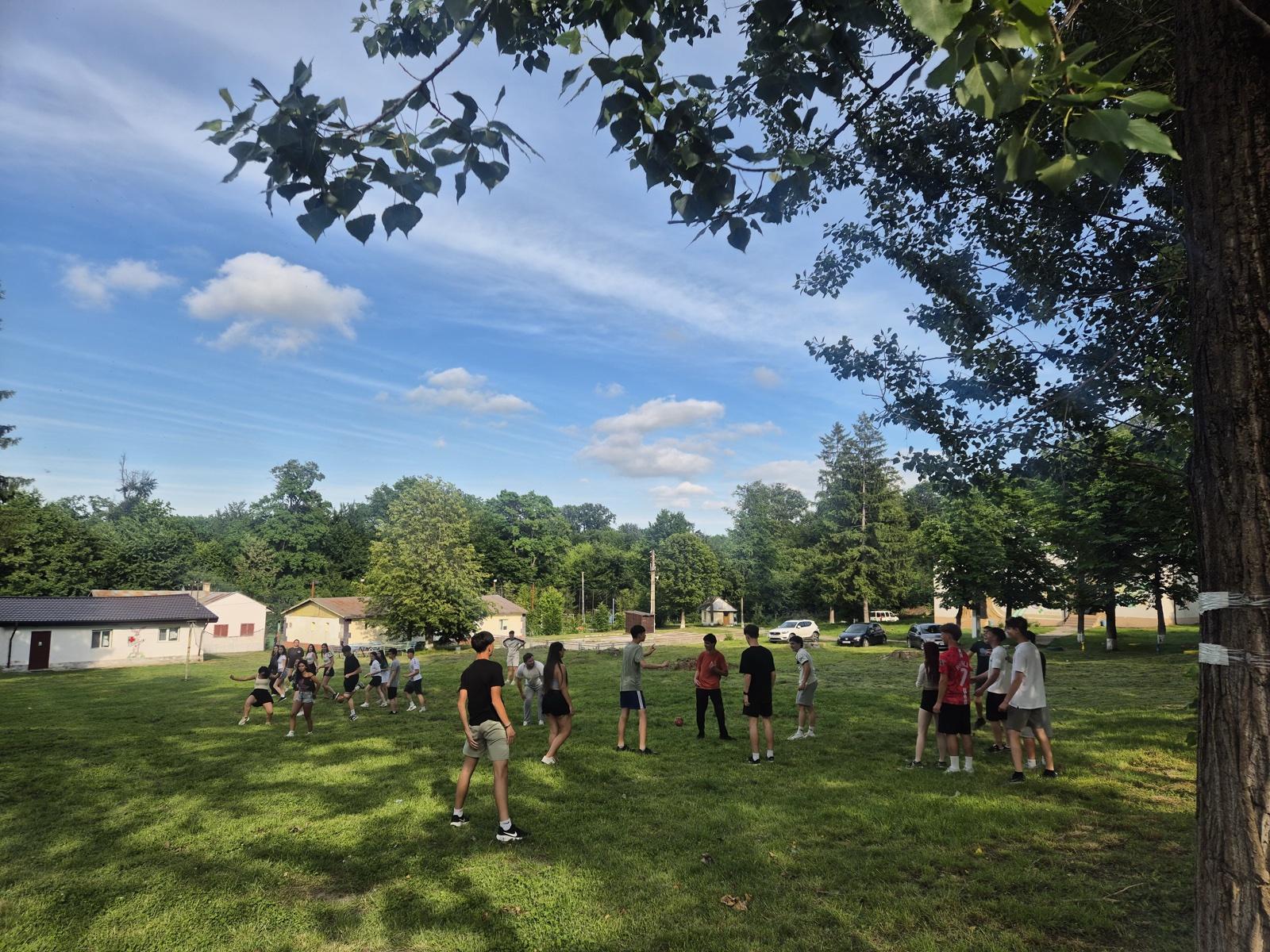 Wide view of the whole group playing on the camp lawn